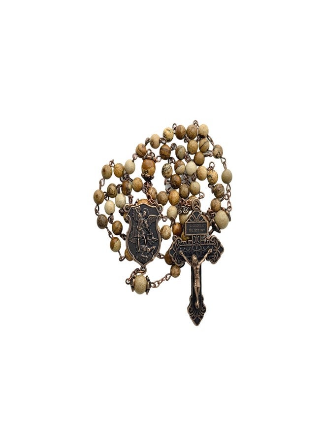 Intercession Natural Stone St. Michael Rosary - Handcrafted Green & Earth-Tone Gemstone Beads with Antique Bronze Crucifix and Medal (Jasper Stone - 6mm) - Image 4